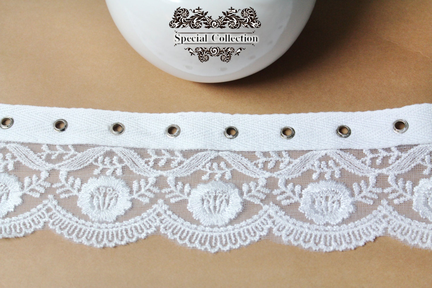 2 YARDS of White Embroidered Lace Trim Ribbon with Metal Eyelets  2.8 '' for Crafts, Sewing , Accessories