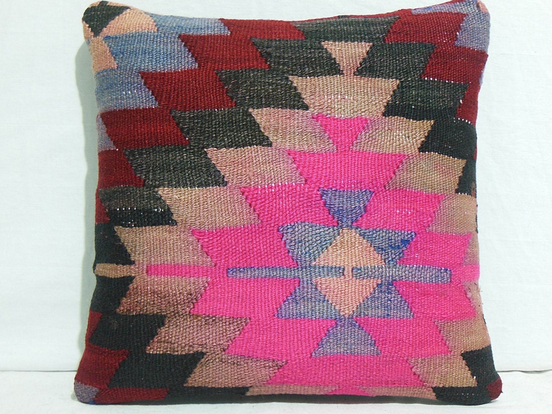 Turkish Home Decor Kilim Pillow Cover 16 x16 Pink Wool Pillow Handmade woven Tribal Decorative Pillow from Adana Region Chevron Pillow