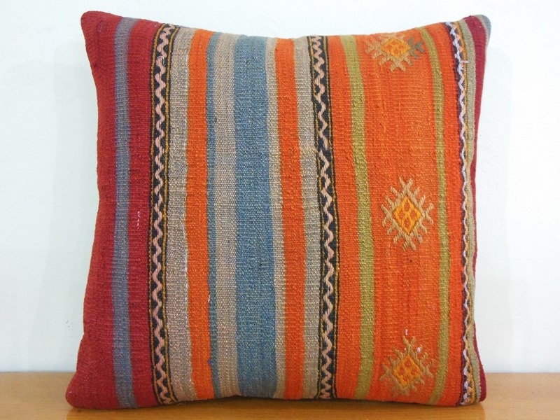 Hand Woven Large Turkish Kilim pillow Cover 20" Decorative throw pillow Blue orange Pillow burnt orange cushion burnt orange throw pillow