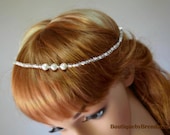 Clear crystal bead/natural shell pearl headband/bridal wedding hair accessory/adjustable white ribbon tie/tiara/crown/wreath/halo/sash belt