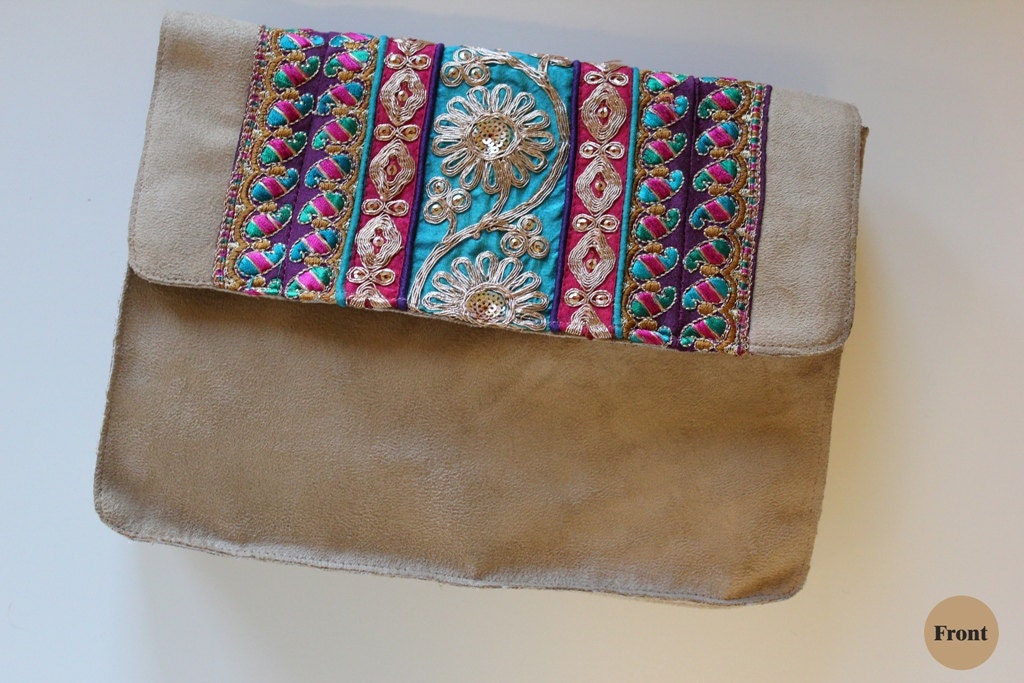 RAW JAM - Suede Clutch - FREE Shipping, Handmade Overlap Clutch, Bag, Purse, Boho, Fashion, Neutral, Trimmings, Fuchsia, Ethnic