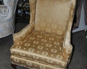 Gold Silk Brocade Queen Anne Cabriolet Wing Back Chair