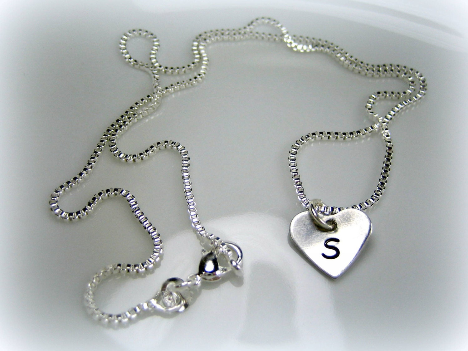 Heart Initial Necklace - handstamped personalized jewelry with silver plated chain