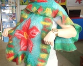 Handmade Nuno felted long  knitted mohair and wool scarf-green red yellow-