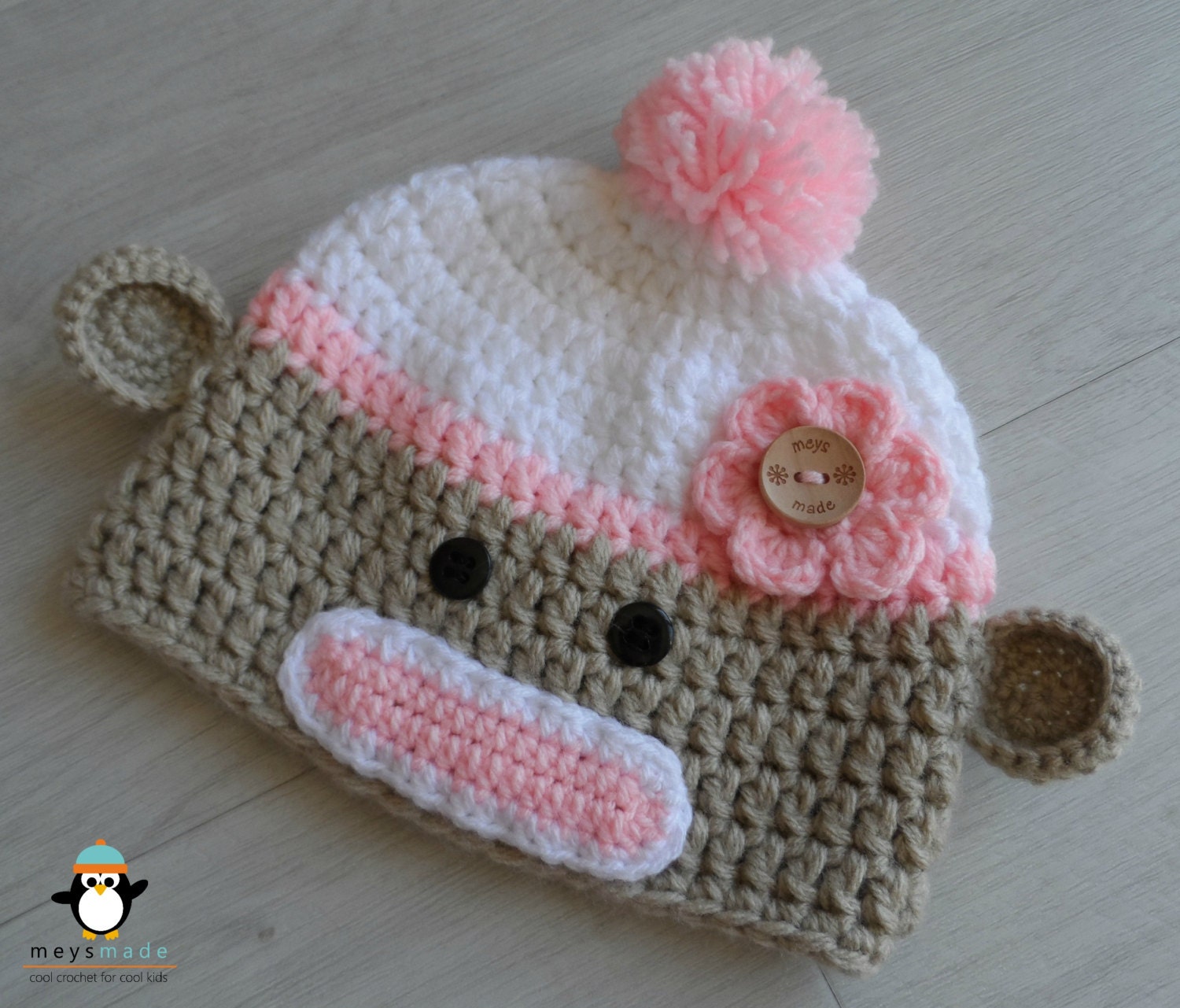 Crochet Sock Monkey Beanie / Hat / Cap for Baby / Child / Photo Prop - Acrylic & unique wooden button - Custom Handmade - MeysMadeCoolCrochet