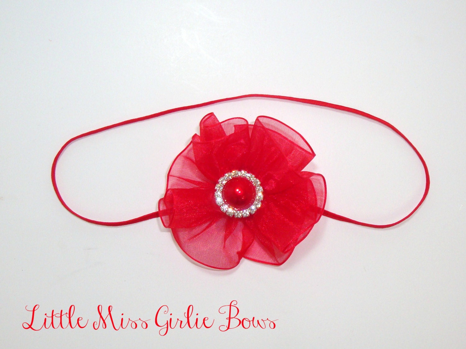 Red Organza Flower Bow with Rhinestone Pearl Button - Newborn Infant Baby Toddler Girl - Flower Bow on Alligator Clip Barrette OR Headband