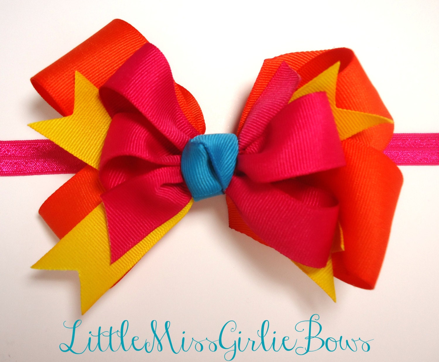 Hot Pink, Turquoise, Orange and Yellow Hair Bow - Infant Baby Toddler Girl -  5 Inch Boutique Bow on Alligator Clip Barrette OR Headband