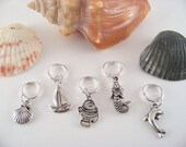 Knitting Stitch Markers, Set of 5 Ocean Markers, shell,dolphin, sailboat, mermaid, fish