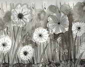 Monochrome Dandelions and Flowers Nature Painting, Original Black and White Pen and Ink Drawing 11 in by 14