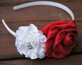 Red Satin White Ruffle Flower Handmade Valentines Headband, Photo Prop, Girls, Tweens, Accessories