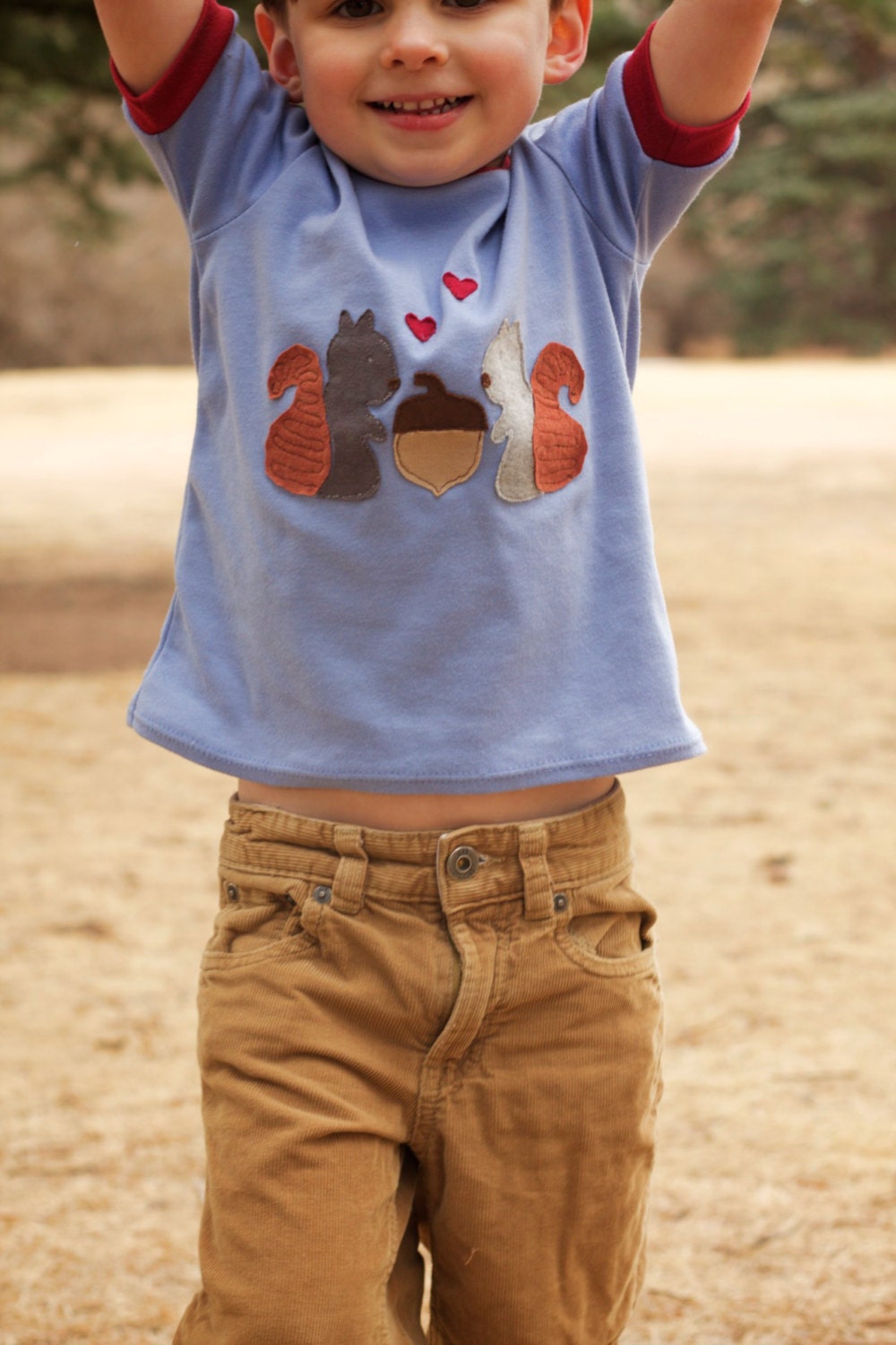 Unisex "Squirrel Love" Knit T-Shirt..Applique Shirt..Ringer Tee..Short Sleeve..Childrens Clothing..Boys Shirt..Girls Shirt..Blue..Brown