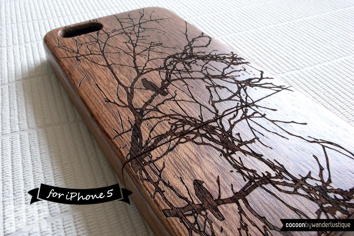 SALE30%OFF: Natural Wood iPhone 5 Case - Engraved Birds on Tree iPhone Case // 3D, Sculpture, Sapele Wood, Art, Gift, Laser Engraving