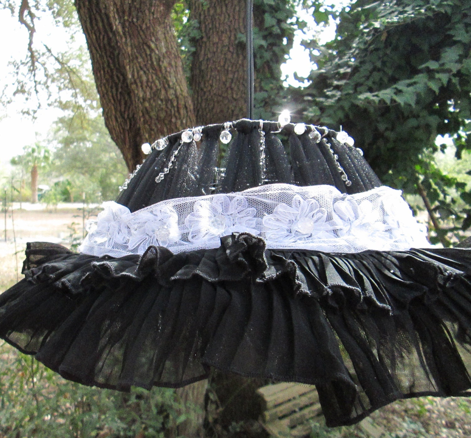 feminine black lamp shade pendant lighting, eco friendly, repurposed fabric, ruffles, frilly, sparkly, black and white