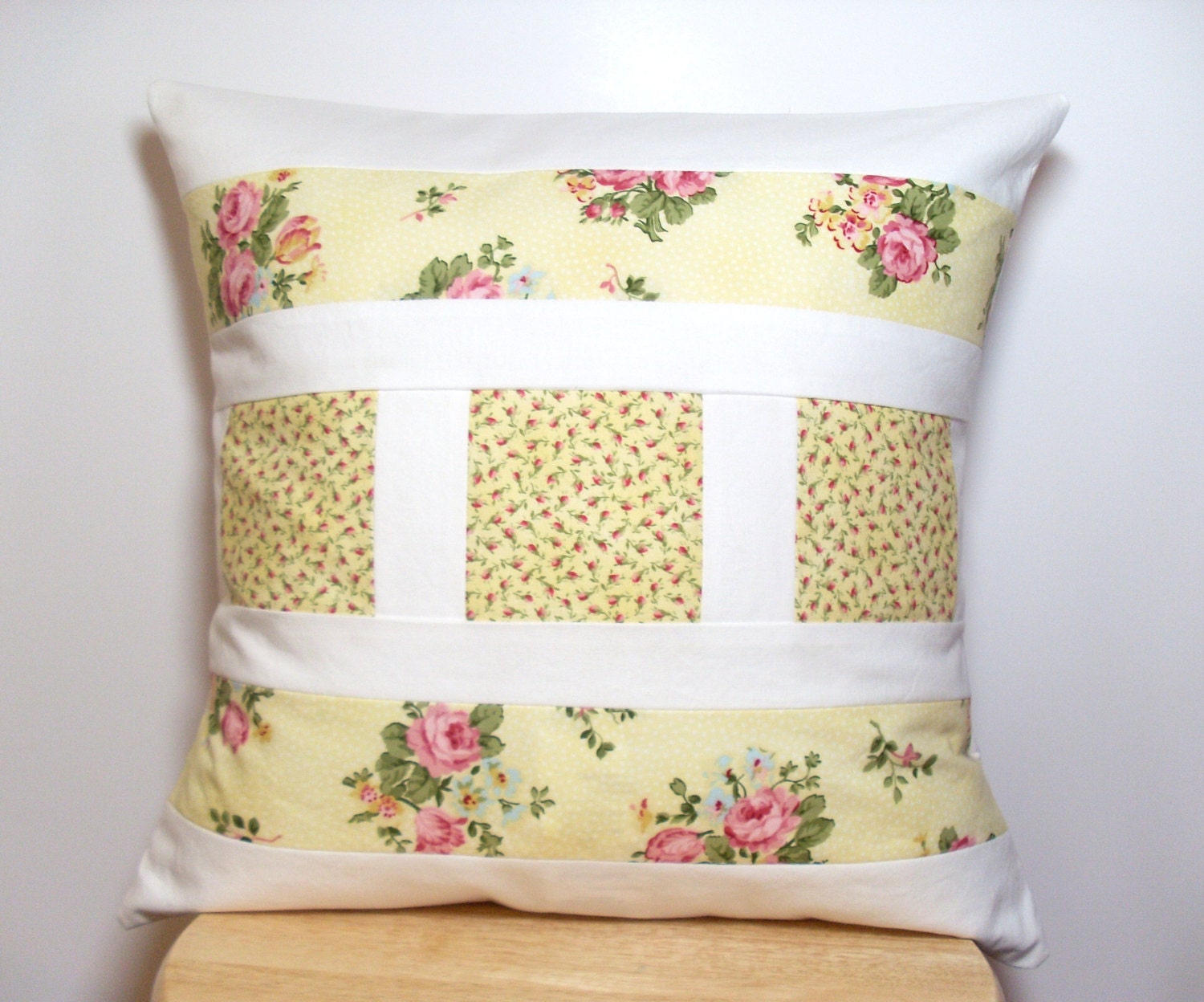 On Sale - Throw Pillow Cover - Patchwork Cushion - Country Yellow Rose Floral - 16x16