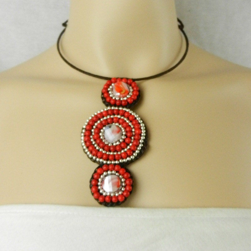 Hippie Boho Red Glass Beads Choker Necklace Red Coral Handmade Waxed Cotton Macrame with Silver Plate Beads KA1