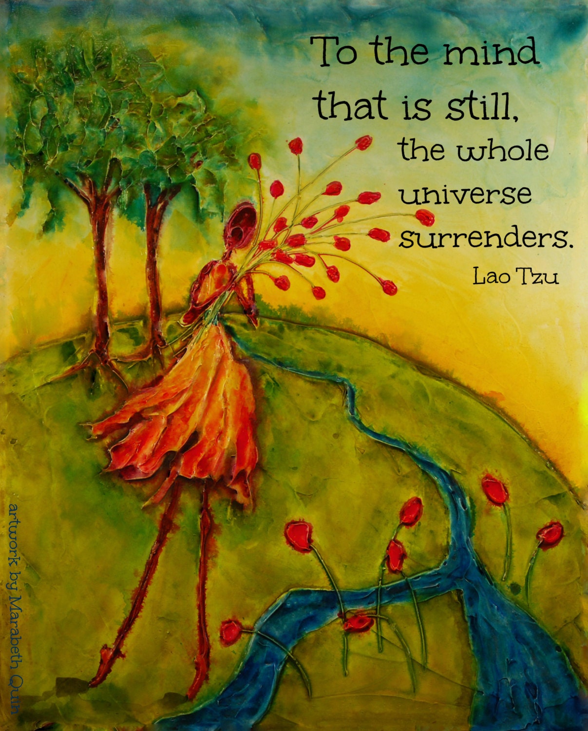 14x11 digital print on archival, acid free paper of colorful girl holding flowers on top of the world with Lao Tzu quote