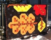 Fall, Autumn, Leaves, quilt, couch, sofa, blanket, black, red, yellow, orange, patchwork, handmade.