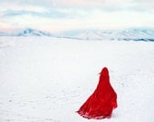 Fine Art Photography Print, Red Hood, Winter Journey Over Ice, Snow, and Mountain, Arctic Landscape, 16 x 16 Print