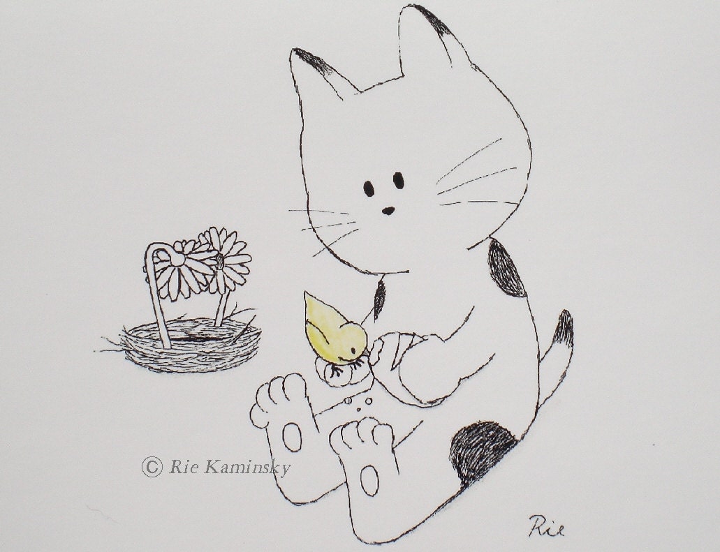 Art print of an original drawing, Art for children, kids, baby, Nursery art, Cute cat, Cute animals, Wall art,  5x7