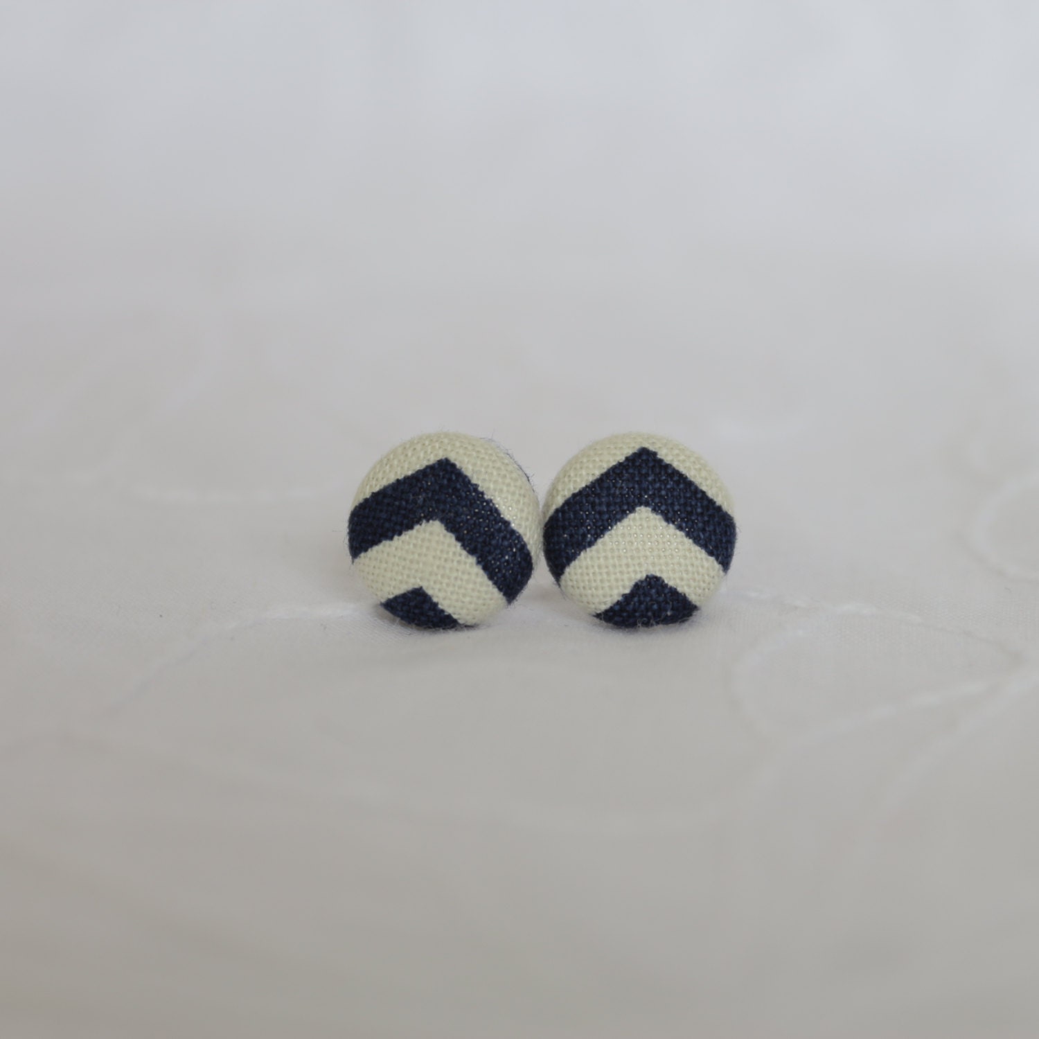 Navy Chevron fabric covered button earrings