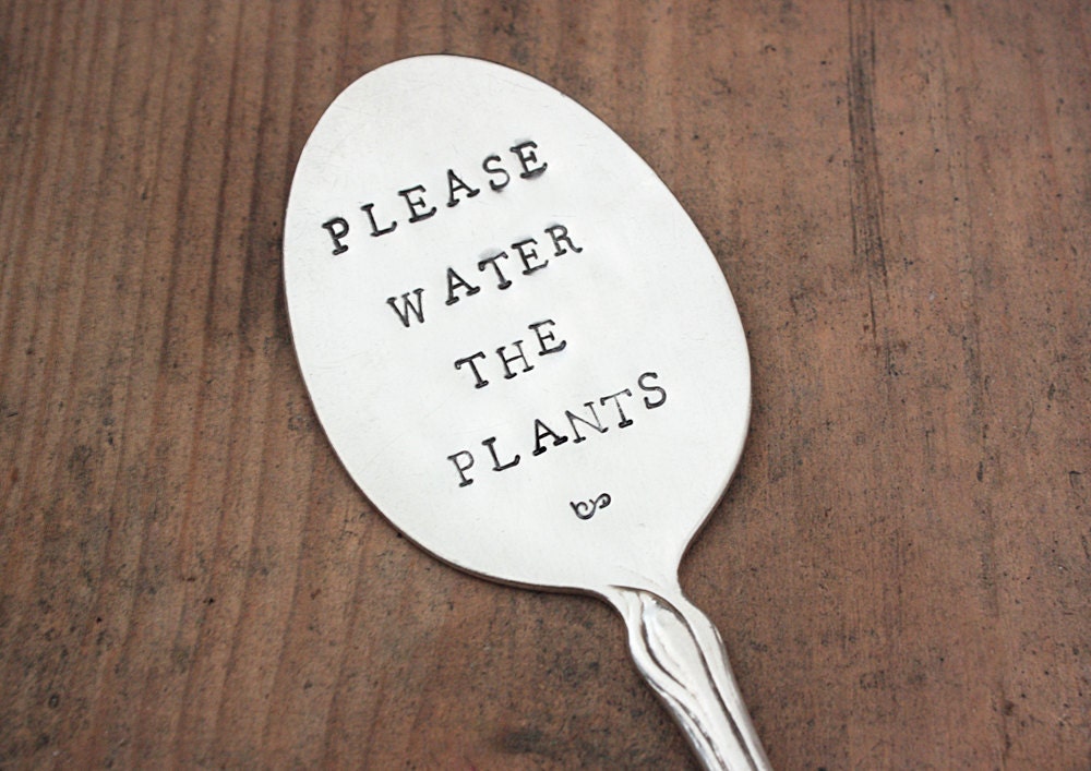 Hand Stamped Vintage Spoon Garden Marker. Please Water The Plants. Hand Stamped Vintage Silverware by The Faded Nest.