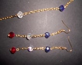 Jewelry Patriotic Red White Blue necklace and earring set Swarovski Crystals and gold tone Necklace 27 inches, earrings 3 half inches.