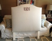 Twin size Camelback Upholstered  Headboard, "WHEAT" Linen, Antique brass nail head