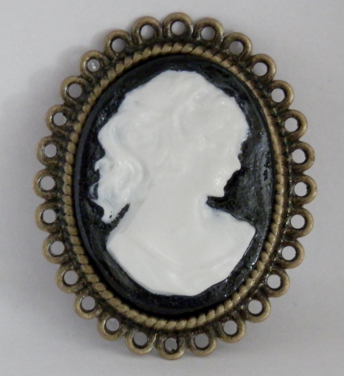 Lady Cameo with Black background on Antique Bronze pin back Brooch,Handmade,Hand painted,Polymer Clay