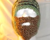 Hand Knitted Ear Flap Beard Hat, XL green with camo stripes brown beard