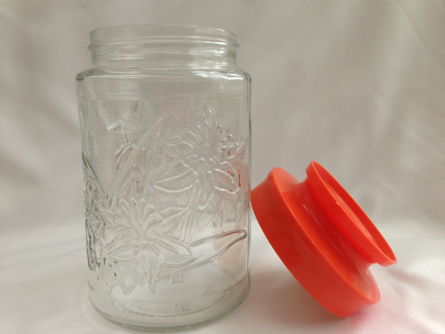 Vintage Glass Daffodil Canister with Retro Orange Lid
