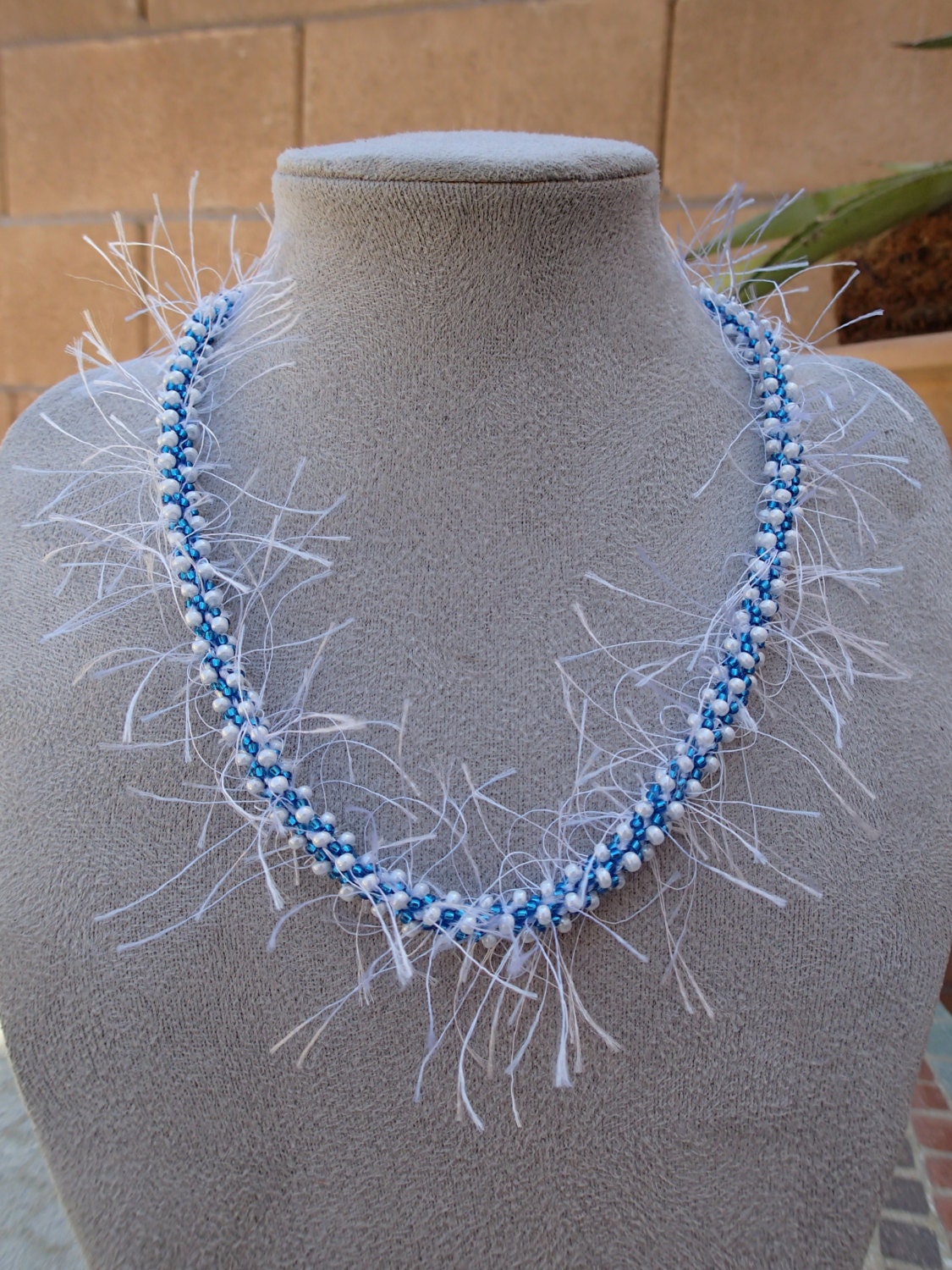 Blue & White Beaded Kumihimo Necklace With Fun Fur