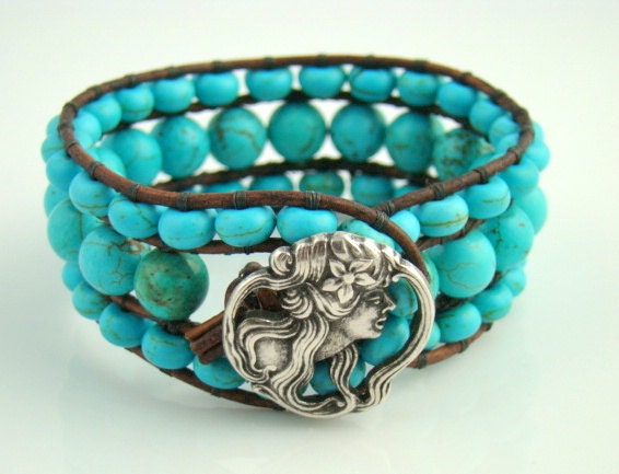 Trendy Handmade Beaded Leather Cuff Bracelet, Turquoise Blue Magnesite Boho Chic Surfer Girl Beadwork Wrap, Silver Tone Art Nouveau Button