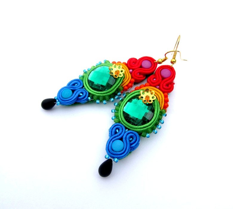 Rainbow Soutache Earrings with Beads Soutache Braid Glamour and Shiny Style Gift Toho Handmade Jewelry Colorful