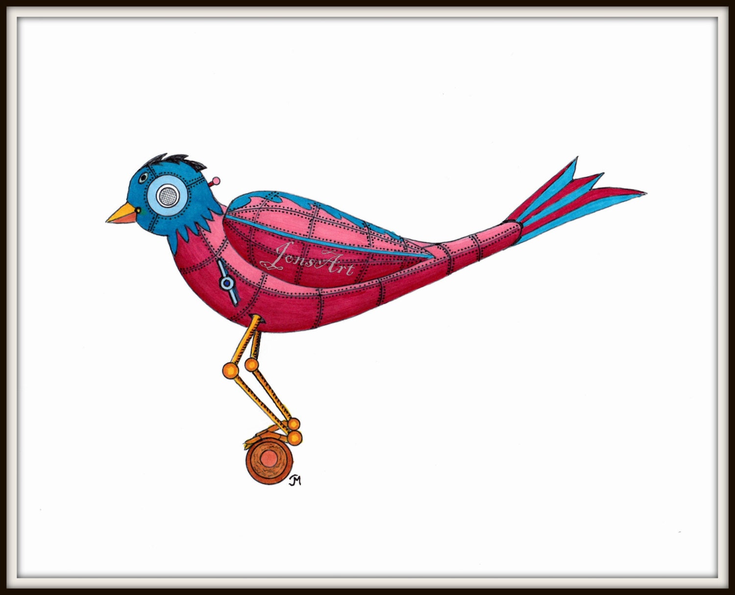 Mechanical Bird, Painted Steel, Steakpunk, Copic Art, Modern, Wall Hanging, Family Room, Kids Decor, Blue, Red, Yellow, Pink, 8 x 10 Print