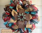 Western Rustic Red, Turquoise, Zebra print and Burlap Cross Deco Mesh Wreath