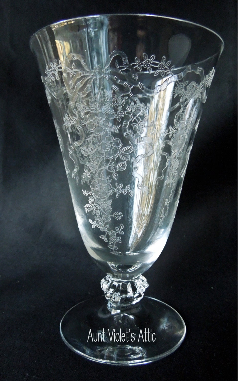 Crystal Etched Glass Drinking Glass Beautiful by AuntVioletsAttic