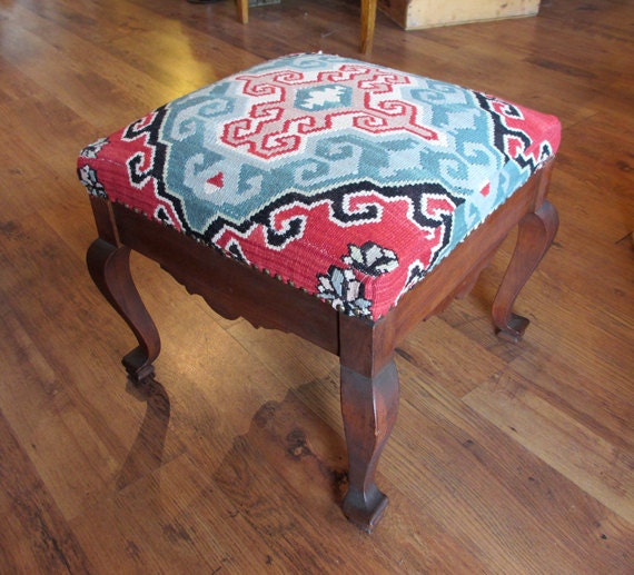Antique Foot Stool, Kilim Upholstered Ottoman...