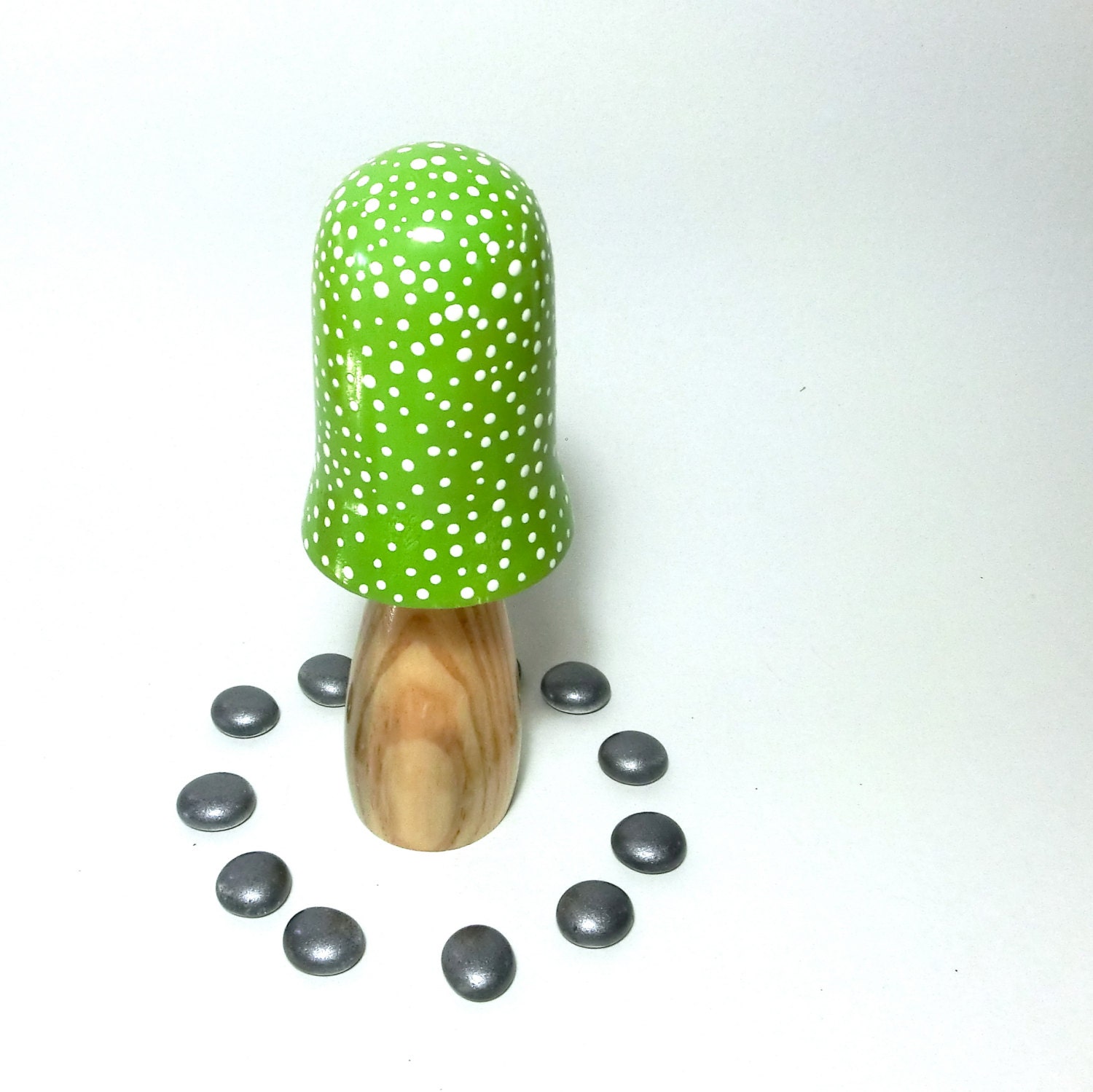 Wooden Stardust Fairy Mushroom / Toadstool - Lime Green with White dots