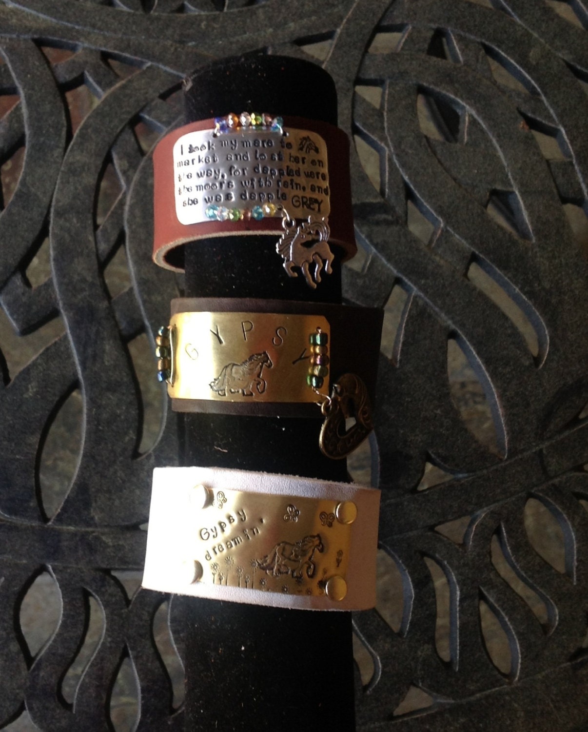 3 Gypsy Horse Leather Cuffs - hand stamped brass and aluminum