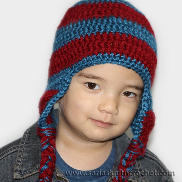 Boys Red Beanie Ear Flaps Country Blue Burgundy Stripe Hat For Boys with Tassels