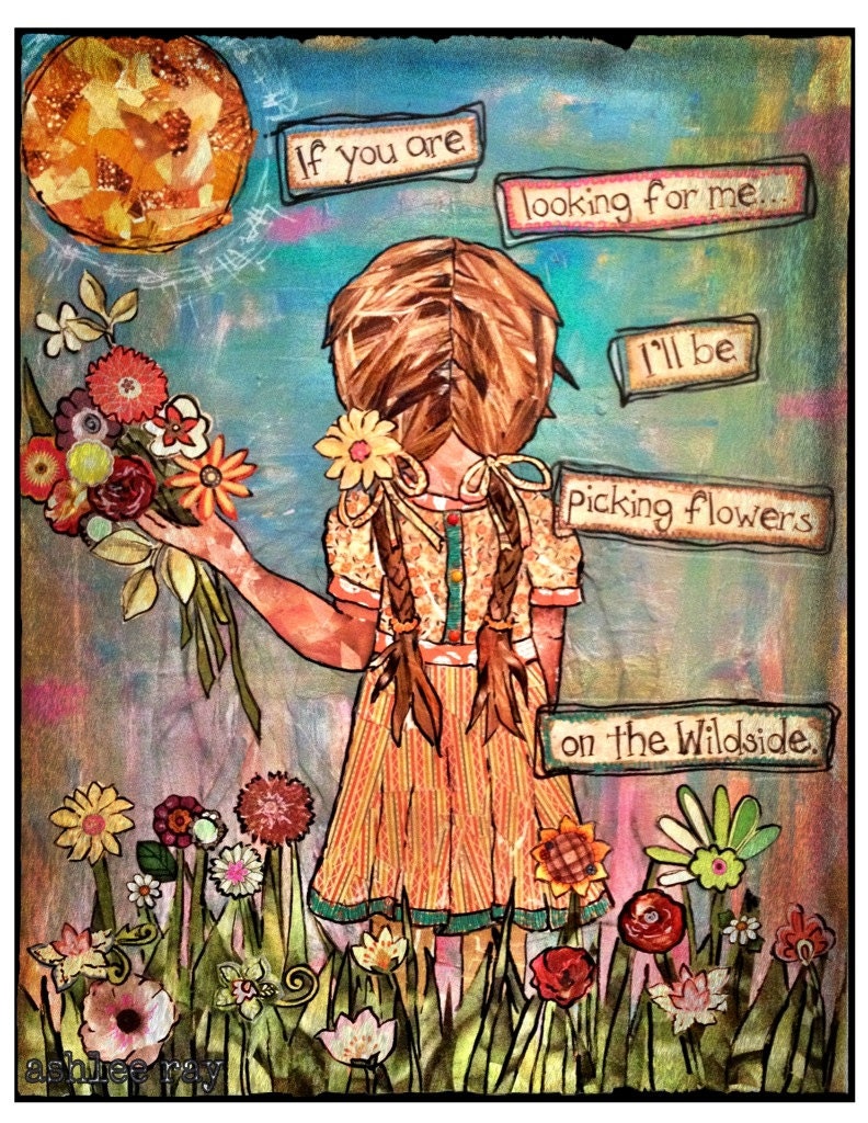 Mixed media girl picking wild flowers by ArtbyAshleeRay on Etsy