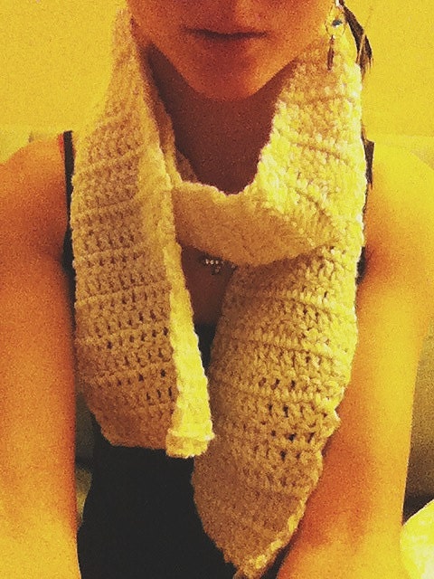 Womens Skinny White Crochet Scarf Neckwarmer, Mens Hand Crochet Chunky Scarf