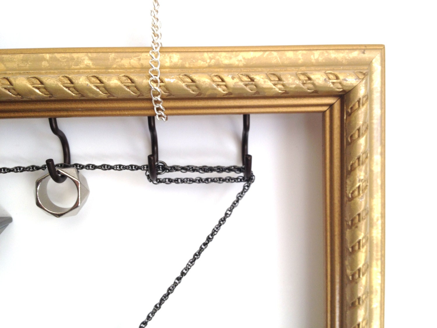 Gold Bronze Wood Jewelry Organizer Display Frame Upcycled and Repurposed