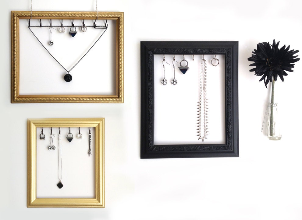 Gold Bronze Wood Jewelry Organizer Display Frame Upcycled and Repurposed
