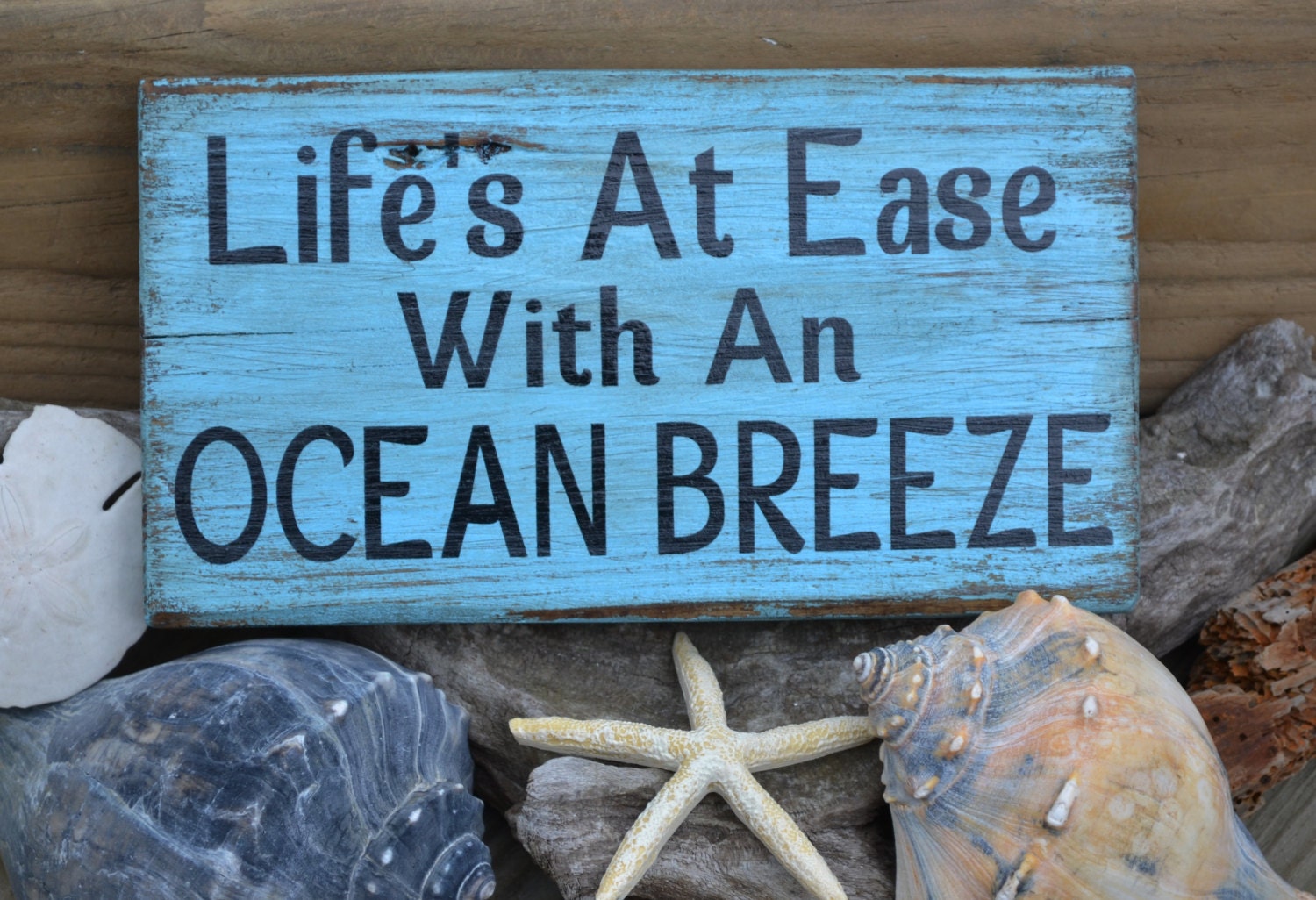 Life's At Ease With An Ocean Breeze Hand Painted Wood Shelf Sitter or Wall Hanging, Beach Decor Sign, CoastalDistressed