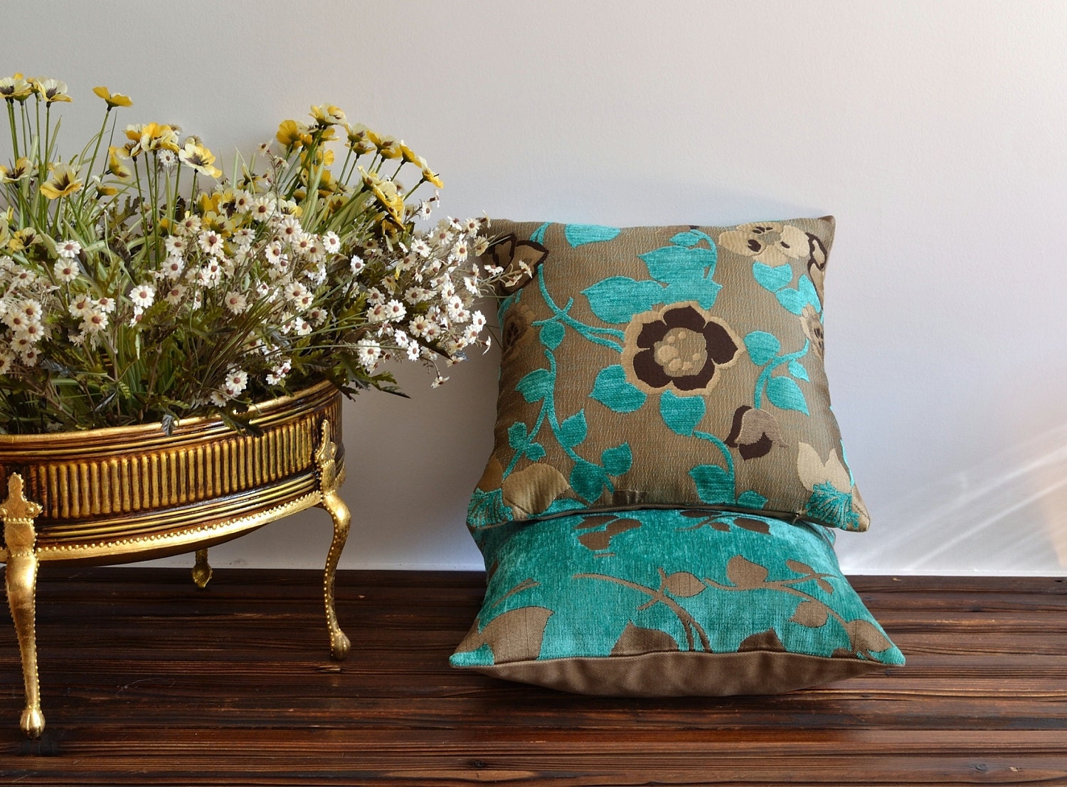 Brown, teal and green large flower cushion cover - 16x16 throw pillow cover - Organic shine - botanical floral cushion cover