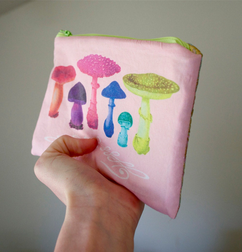 Rainbow Princess Mushrooms ... a LIGERMILK original. quilted / padded lined zipper pouch with loop
