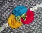 Shabby Chiffon Flower Headband-Sequin Bow-on Yellow/Purple/Pink/Blue/Green Polka Dot Elastic-Baby Girl Headband
