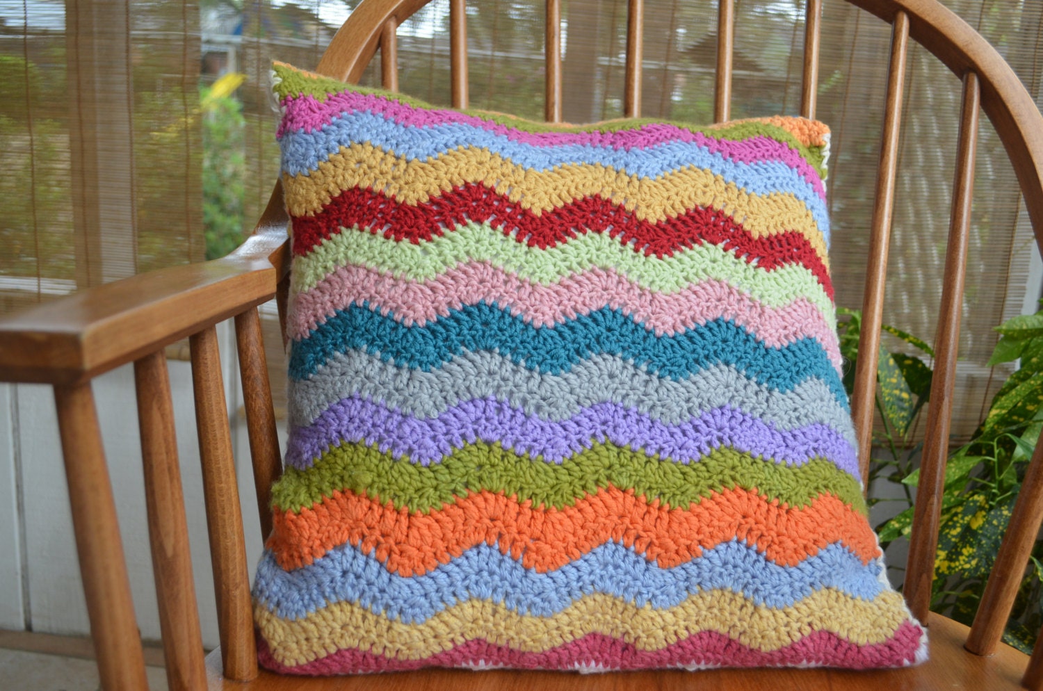 Savannah Spring Pillow - crochet ripple wave pillow cover with wooden buttons