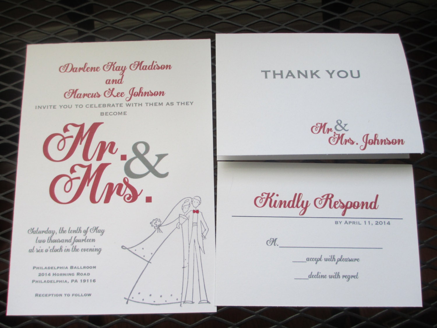 Mr. & Mrs. Modern Wedding Invitations - Hand Stamped Bride and Groom- Handmade - Bold and Bright Wedding Invitations